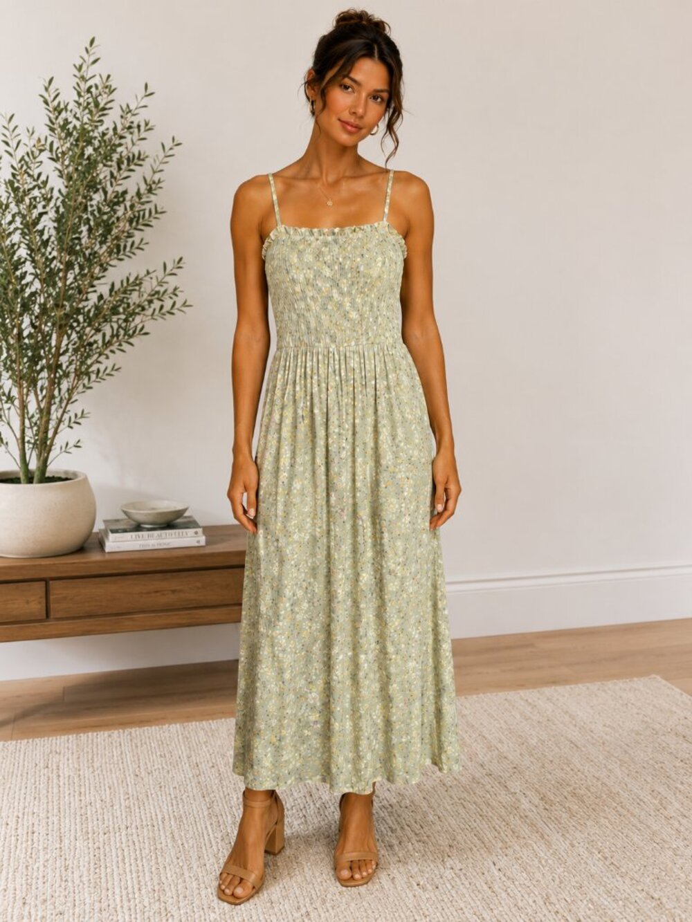 Wild Skye Smocked Floral Midi Dress Sage Green XL